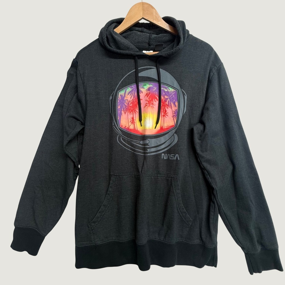 NASA Hoodie L 16/18 Astronaut Helmet Palm Tree Sunset Graphic Pullover Black